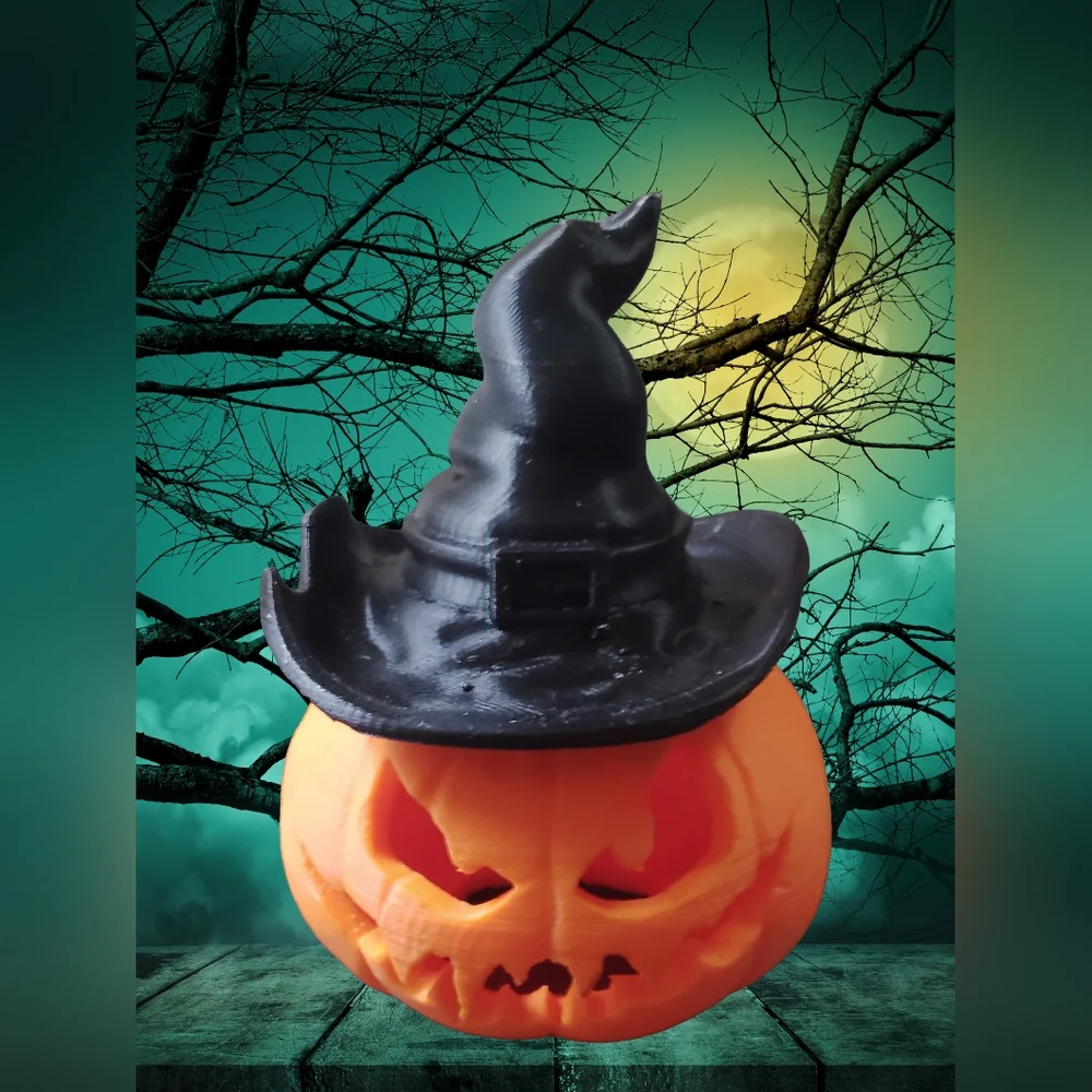 3D Printed Halloween Pumpkin with Witch Hat - Picture 1 of 1